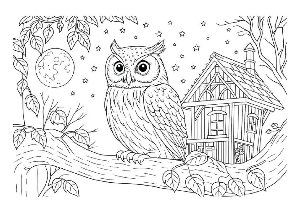 Owl on a branch at night with tree house lantern